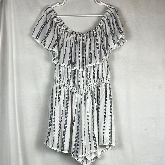 NWT Lulus Blue and White Off the Shoulder Romper - Picture 1 of 7